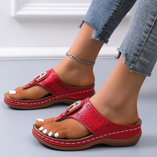  Women's Sandals Mules Boho Bohemia Beach Wedge Sandals Flip-Flops Daily Beach Solid Color Summer Sparkling Glitter Wedge Heel Classic Casual Faux Leather Loafer Black Red Blue