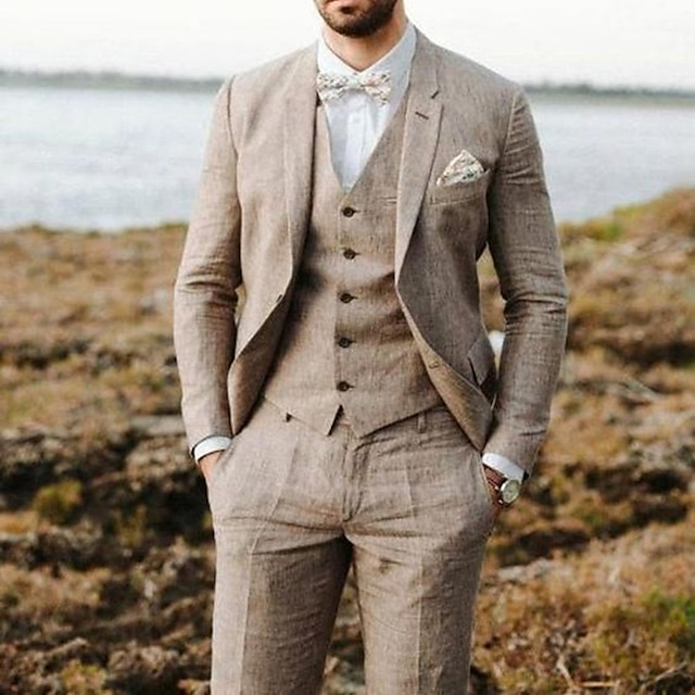  Men's Linen Suits Beach Wedding 3 Piece Gray Solid Colored Summer Suits Tailored Fit Single Breasted Two-buttons 2024