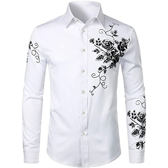  herrskjorta blommig turndown fest dagligen button-down långärmade toppar ledigt mode bekvämt vit svart blå