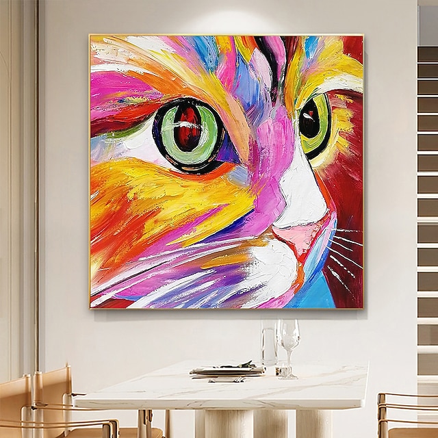  لوحة زيتية مرسومة يدويًا فن جداري تجريدي على شكل قطة ملونة ديكور منزلي للحيوانات إطار ممتد جاهز للتعليق