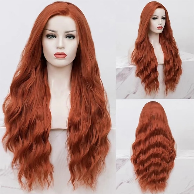  Realistic Long Wave Copper Red Color Natural Looking High Temperature Fiber Synthetic Lace Front Wigs For Women Wigs