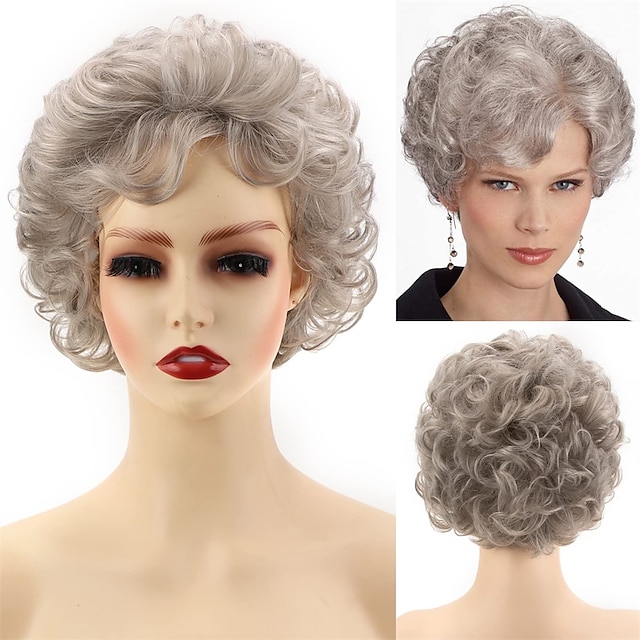  Perucas curtas encaracoladas cinza para mulheres brancas perucas cinzentas com corte pixie de aparência natural perucas curtas sintéticas prateadas brancas para mulheres mais velhas