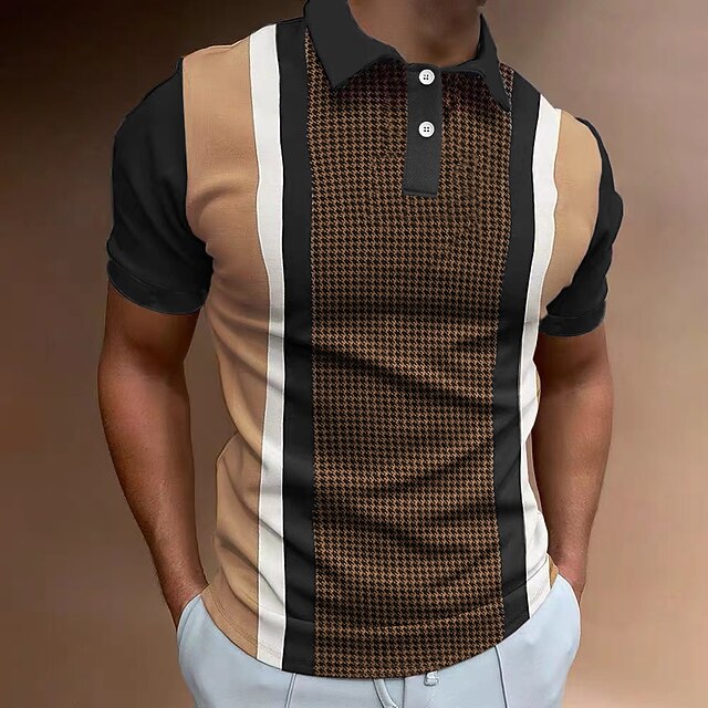 Men's Golf Shirt Polo Casual Office & Career Polo Collar Classic Short Sleeve Fashion Houndstooth Vintage Style Print Summer Spring & Summer Brown Golf Shirt4