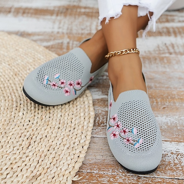  Women's Slip-Ons Loafers Outdoor Daily Plus Size Flyknit Shoes Classic Loafers Summer Flower Round Toe Flat Heel Vintage Casual Tissage Volant Embroidered Black Pink Gray
