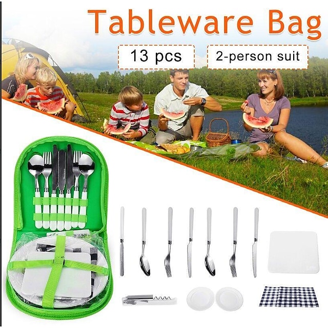  Juego de vajilla portátil para picnic al aire libre, juego de picnic al aire libre para dos personas, bolsa de picnic portátil de grado alimenticio