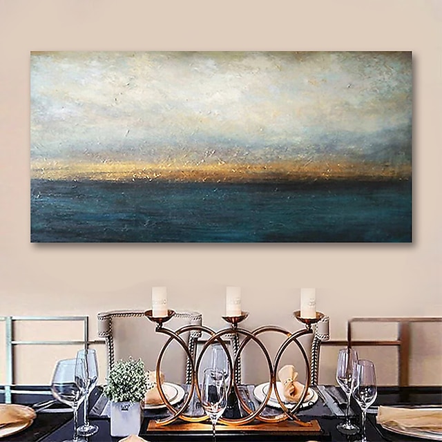  handgemaakte olieverf canvas kunst aan de muur decoratie blauw en gouden landschap voor home decor uitgerekt frame opknoping schilderij 90*45cm/100*50cm