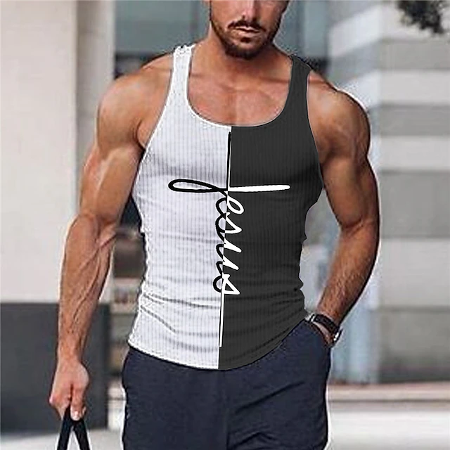 Men's Graphic Color Block Faith Tank Top Vest Top Sleeveless T Shirt for Men Sleeveless T shirt 3D Print Crew Neck Shirt Designer Muscle Wife Beater T Shirt Daily Sports Running Black And White2
