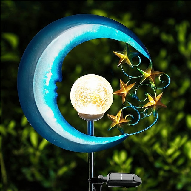  extérieur étoiles lune solaire puissance lumière romantique lune ange rétro lampe en métal avec globe en verre craquelé led pour cour jardin paysage éclairage 1x
