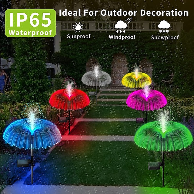 2pcs LED Solar Fiber Jellyfish Lights RGB Color Changing Garden Light Solar Outdoor Waterproof Lawn Lights Villa Courtyard Walkway Park Lawn Decoration Lamp