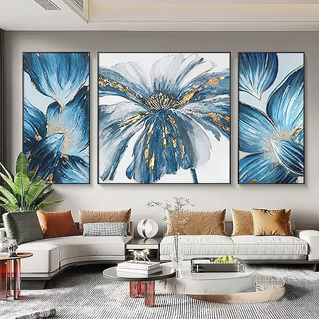  håndmalet 3 paneler guldfolie lærred oliemaleri stor moderne stue soveværelse blå blomst væg kunst boligindretning ingen indrammet