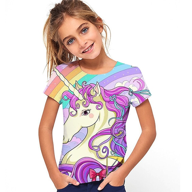  Kids Girls' Graphic T shirt 3D Print Outdoor Crewneck Short Sleeve Active Summer 7-13 Years Blue Purple