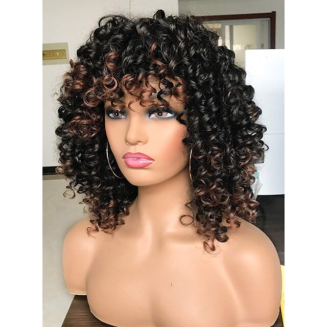 Afro Curly Wigs Black with Warm Brown Highlights Wigs with Bangs for ...