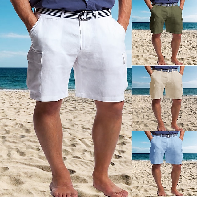  Men's Shorts Linen Shorts Summer Shorts Beach Shorts Multi Pocket Straight Leg Plain Comfort Breathable Short Casual Daily Holiday Linen / Cotton Blend Fashion Designer White Army Green