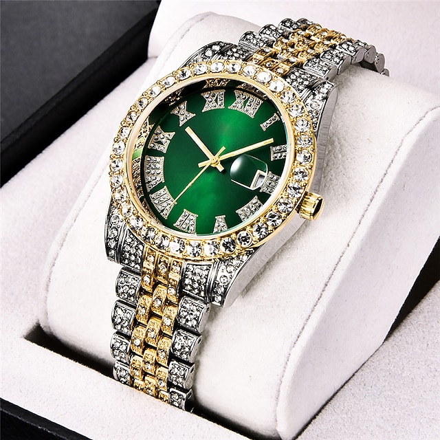  Herren-Quarzuhr mit Kettenarmband-Set, modisch, luxuriös, Bling-Diamant, Hip-Hop, analoge Herren-Quarz-Armbanduhr, Kalender, wasserdichte Herrenuhr