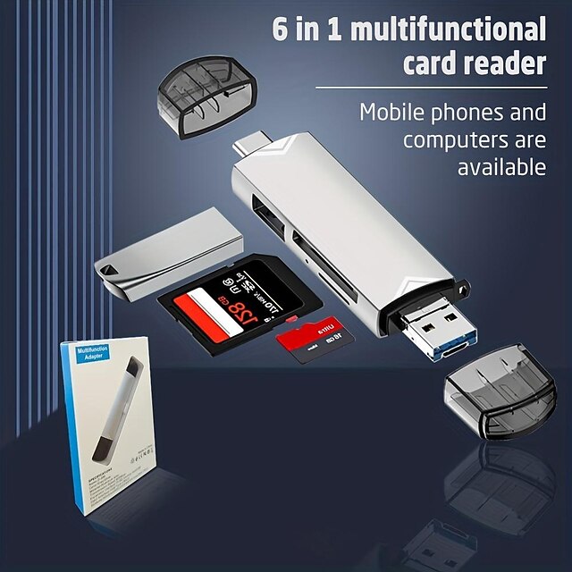  Cititor de carduri USB 6 în 1 computer pentru telefonul mobil usb/micro/usb-c universal, cele trei interfețe îndeplinesc cerințe diferite, datele pot fi încărcate rapid pe o cartelă de memorie de mare