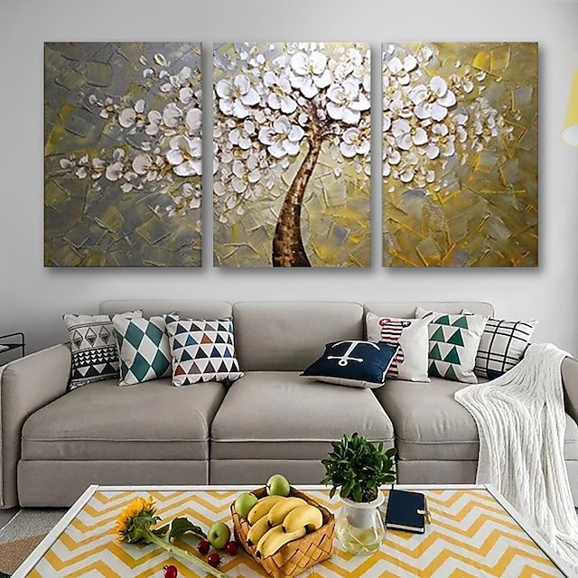  3 paneles pintura al óleo pintada a mano floral / botánico moderno lienzo estirado / tres paneles con marco estirado