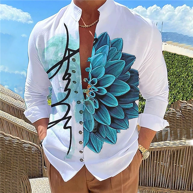 Men's Floral Shirt Button Up Shirt Long Sleeve Fashion Designer Casual Outdoor Vacation Daily Fall Autumn / Fall Spring & Summer Stand Collar Print Yellow Blue Fuchsia Green Gray 6