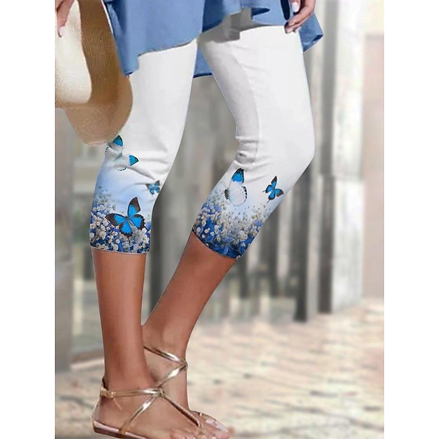  Women's Capri shorts Blue Casual Print Casual Daily Calf-Length Stretchy Butterfly Breathable S M L XL 2XL