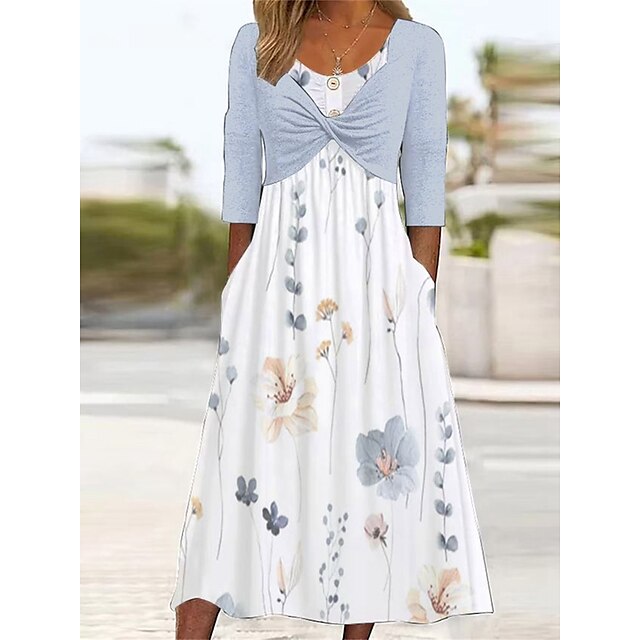  Women's Casual Dress Floral Color Block A Line Dress Summer Dress Crew Neck Button Pocket Midi Dress Outdoor Daily Active Fashion Loose Fit 3/4 Length Sleeve White Summer Spring S M L XL XXL