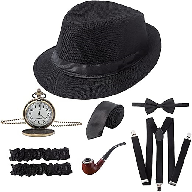  1920s Men's Costume Accessories Set Gangster Manhattan Hat Pre Tied Bow Tie Pocket Watch  Y-Back Suspender Armband Garte For Theme Party 7 Pcs