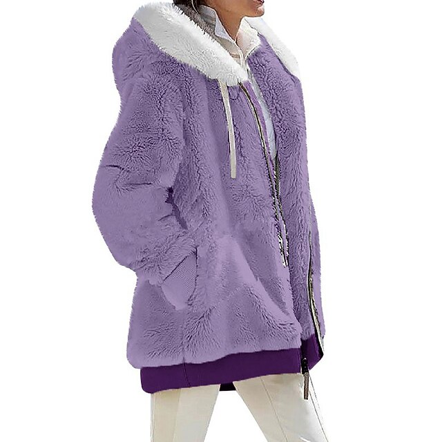 Women's Color Block Teddy Sherpa Fleece Long Sleeve Cowl Neck Hoodie Regular Tops Dailywear Casual Zipper Pocket Violet Black White Army Green Burgundy Spring Fall Winter2