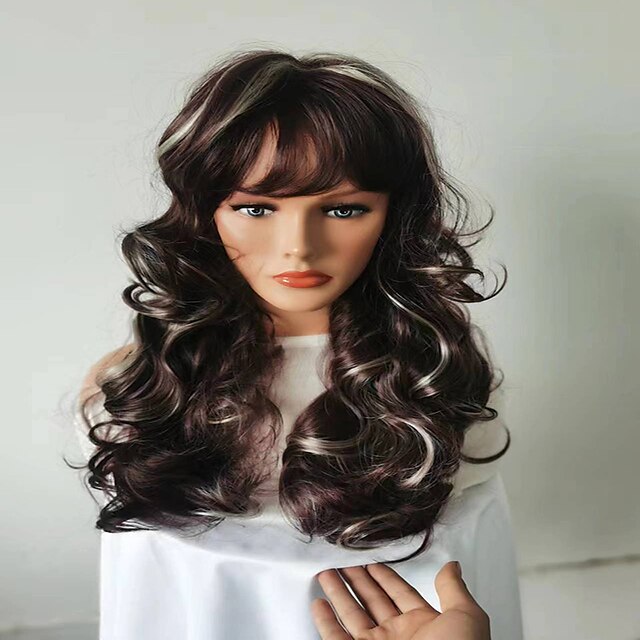  Brown Wigs for Women Body Wave Synthetic Wig with Bangs Medium Length Dark Synthetic Hair Women's Heat Resistant Fluffy Wigs