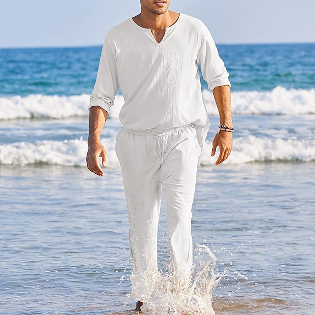  Hombre Camisa de lino de algodón Camisa de algodón blanca 2 Piezas Conjunto de camisa Abotonar la camisa Camisa de verano Negro Blanco Rosa Manga Larga Plano Escote en Pico Primavera verano Exterior