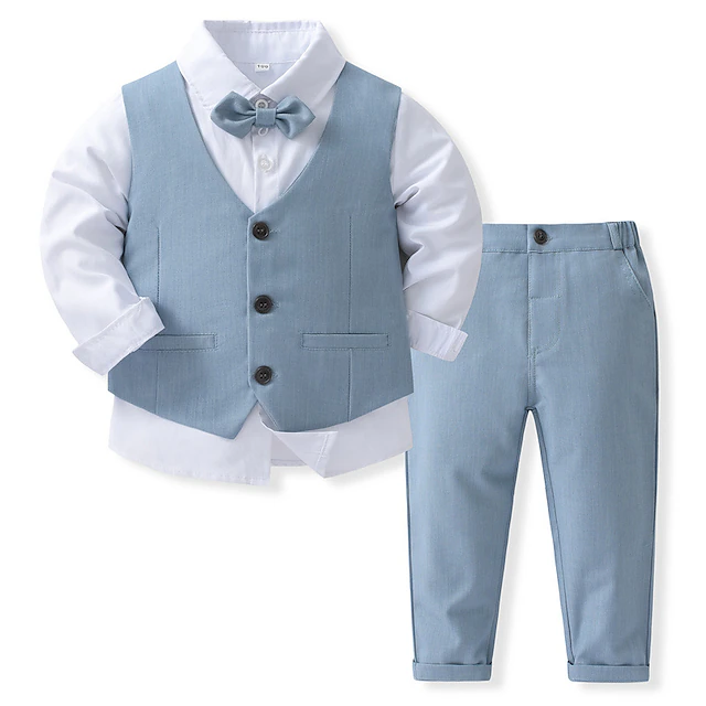 4 Pieces Ring Bearer Suit Boys Kids Suit Formal Suit Shirt & Pants Clothing Set Formal Fashion Solid Color Royal Blue Sky Blue Gray Cotton 9