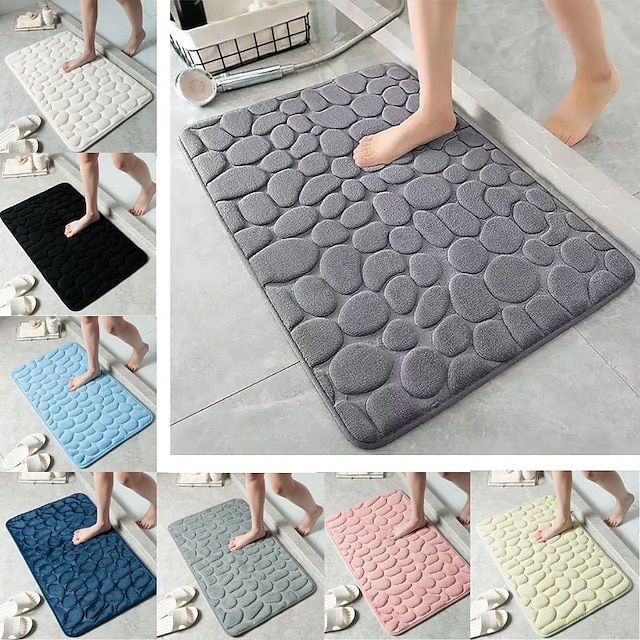  Cobblestone Embossed Bathroom Bath Mat, Memory Foam Pad, Washable Bath Rugs, Rapid Water Absorbent, Non-Slip, Washable, Thick, Soft And Comfortable Carpet For Shower Room