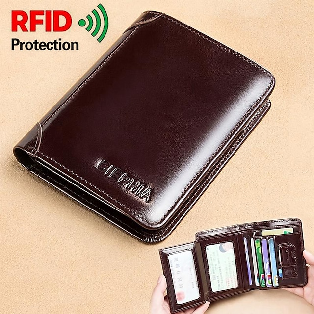  1 buc portofel din piele naturală pentru bărbați, perie antifurt RFID, portofel scurt, subțire, portofel multifuncțional, portofel vintage cu ceară de ulei, pentru carduri de credit, oferiți cadouri