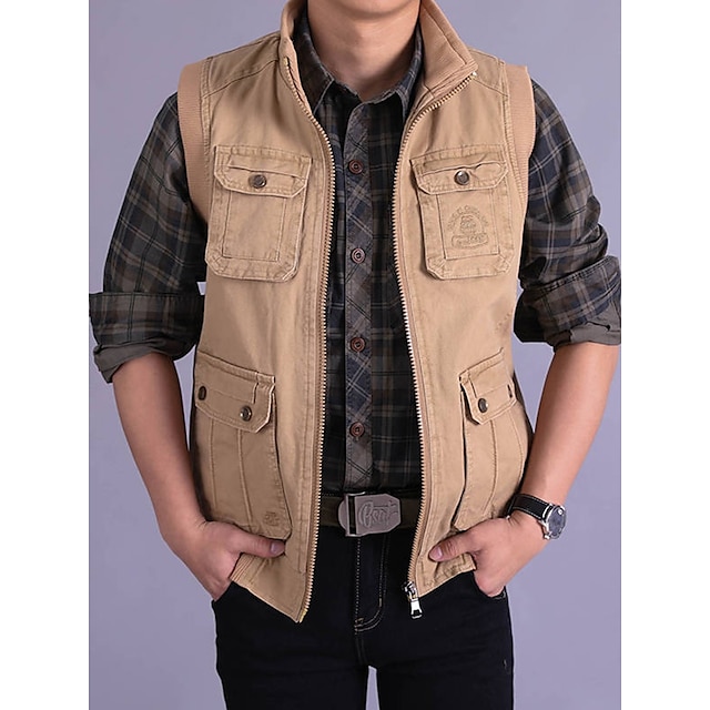  Men's Hiking Vest Gilet Fishing Vest Safari Travel Vest Jacket with Multi Pocket Cotton Outdoor Breathable Comfortable Casual Lightweight Wear Resistance Waistcoat Top Climbing Cargo Photo Army Green