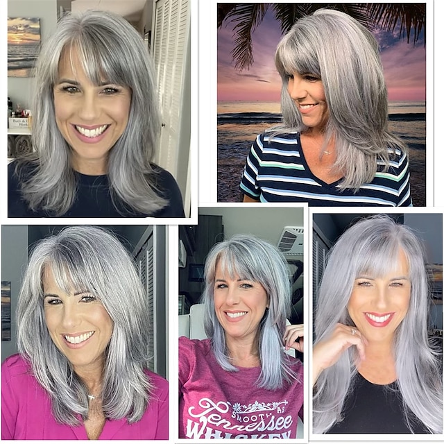 Grey Layered Synthetic Wigs for White Women Wig With Bangs Side Part ...