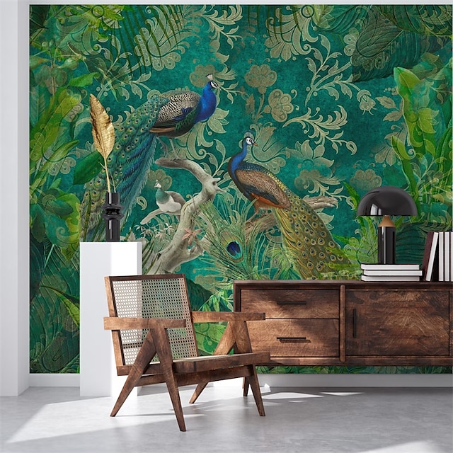  Cool Wallpapers Nature Wallpaper Wall Mural Green Peacock Wall Covering Sticker Peel Stick Removable PVC/Vinyl Material Self Adhesive/Adhesive Required Wall Decor for Living Room Kitchen Bathroom