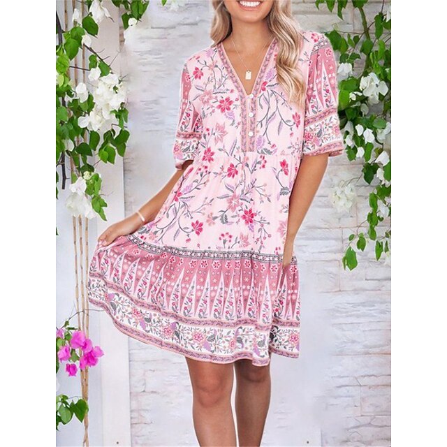  Women's Casual Dress Floral Floral Dress Boho Dress V Neck Print Mini Dress Outdoor Daily Active Fashion Loose Fit Half Sleeve Pink Summer Spring S M L XL XXL