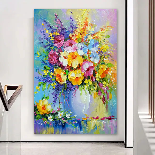 Oil Painting Hand Painted Vertical Abstract Floral / Botanical Modern Stretched Canvas 11