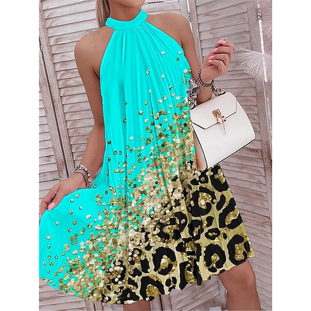  Women's Casual Dress Leopard Floral Shift Dress Floral Dress Halter Ruched Print Mini Dress Outdoor Daily Tropical Fashion Loose Fit Sleeveless Yellow Light Green Red Summer Spring S M L XL XXL