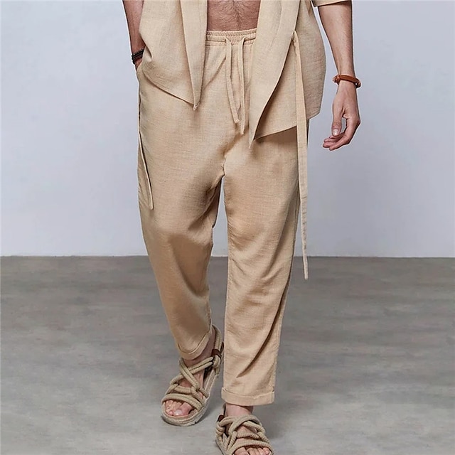  Per uomo Pantaloni di lino Pantaloni Pantaloni estivi Pantaloni da spiaggia A cordoncino Vita elastica Gamba dritta Liscio Comfort Traspirante Informale Giornaliero Per eventi Misto cotone e lino Di