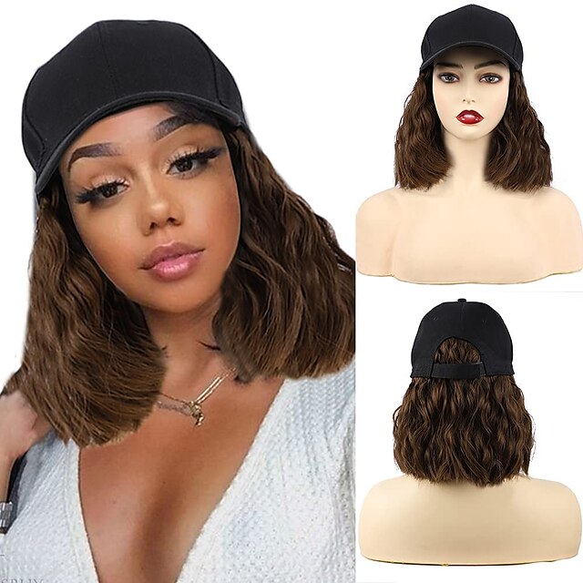 hat paryk til kvinder kortbølget baseball cap paryk med krøllet hår extensions paryk syntetisk wave paryk hat justerbar brun sort baseball hat paryk