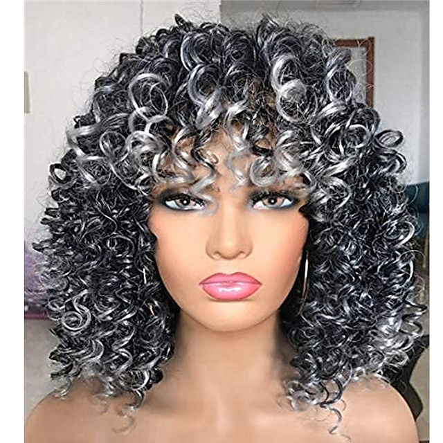 Afro Curly Wigs Black With Warm Brown Highlights Wigs With Bangs For ...