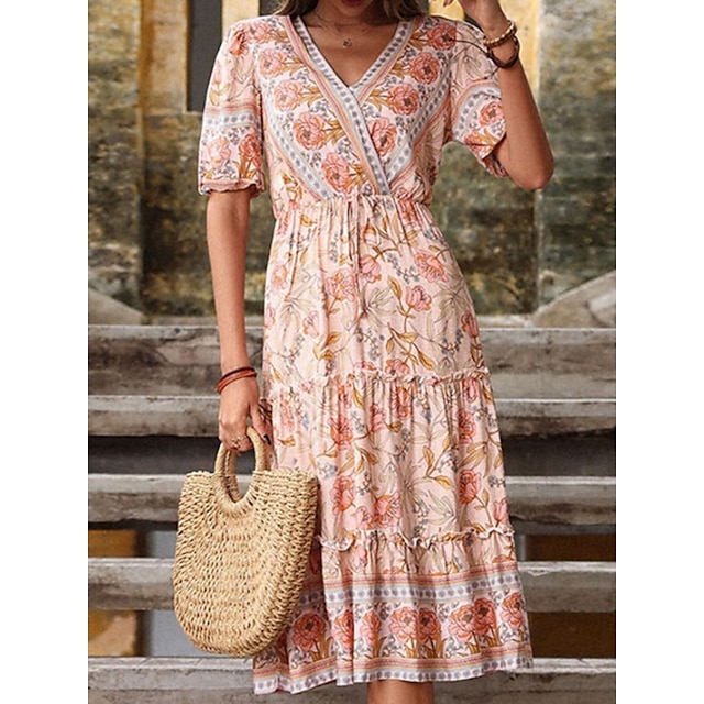  Women's Casual Dress Floral Swing Dress Floral Dress V Neck Ruched Print Midi Dress Outdoor Daily Active Fashion Regular Fit Short Sleeve Light Pink Summer Spring S M L XL XXL