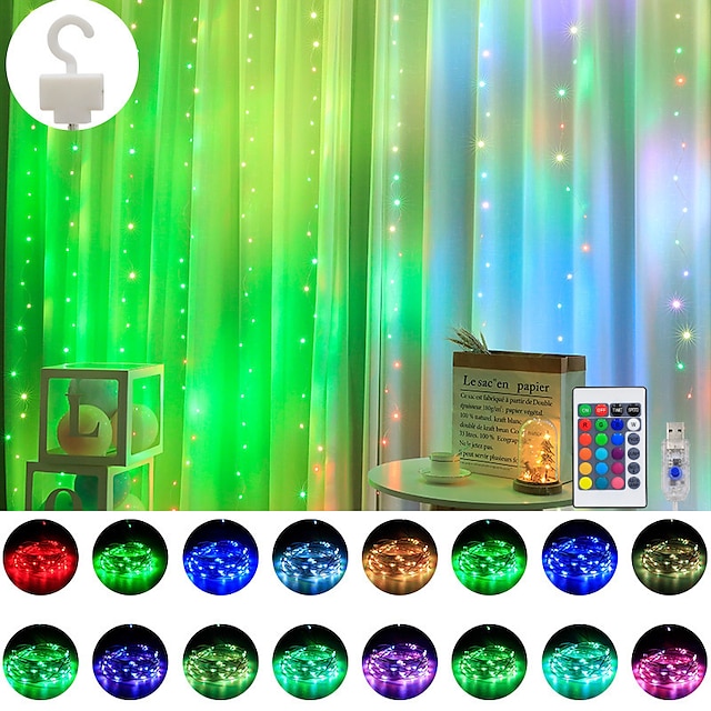  Color Changing Window Curtain Lights 3M x 3M USB Powered Led Hanging String Lights with Remote Control for Bedroom Weddings Wall Christmas Decor-16 Colors