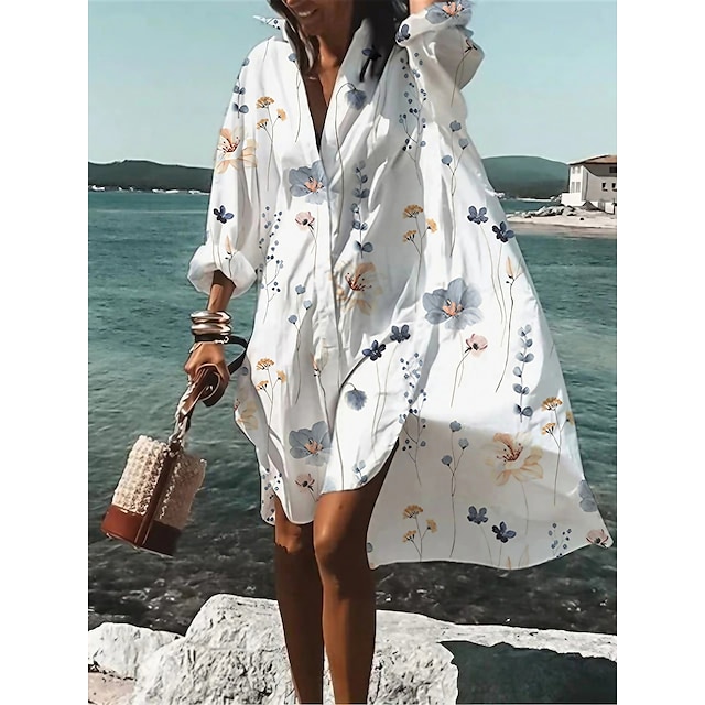  Women's Shirt Dress Casual Dress Swing Dress Outdoor Daily Vacation Mini Dress Fashion Casual Polyester Button Print Shirt Collar Summer Spring Fall Long Sleeve Loose Fit 2023 White Red Purple Floral