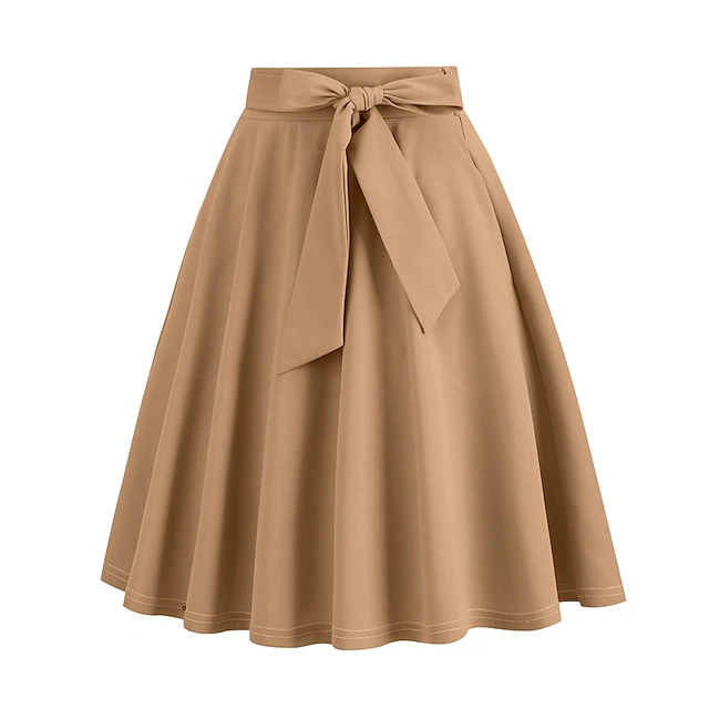 Women's Skirt Swing Midi High Waist Skirts Pleated Pocket Solid Colored Maillard Street Daily Fall & Winter Elegant Vintage Apricot Black Yellow Red 18