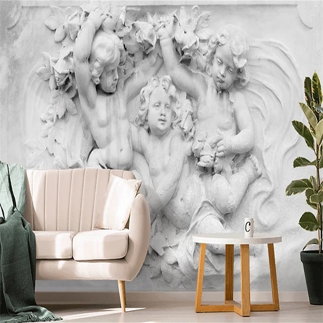  3D Angel Relief Wallpaper Mural European Style Wall Covering Sticker Peel and Stick Removable PVC/Vinyl Material Self Adhesive/Adhesive Required Wall Decor for Living Room Kitchen Bathroom