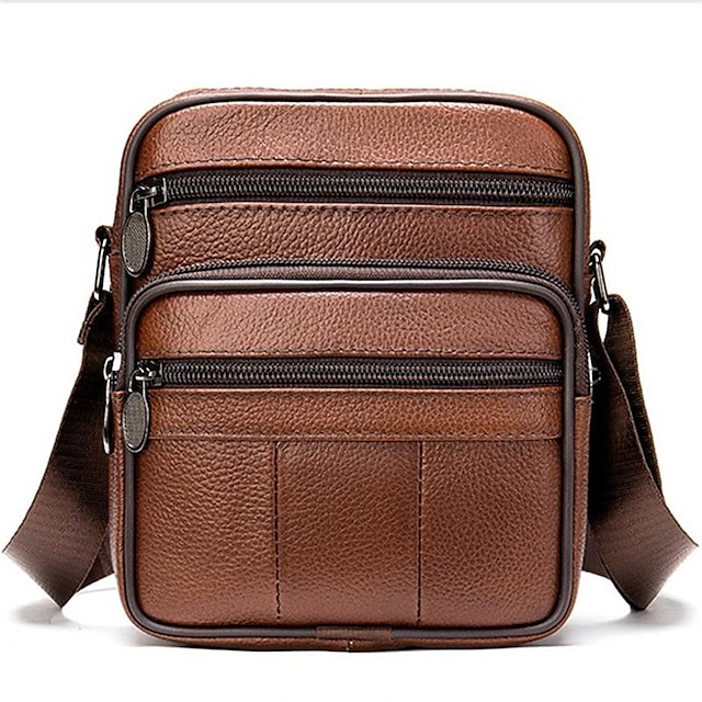  Men's Crossbody Bag Shoulder Bag Crossbody Bag Nappa Leather Cowhide Daily Zipper Solid Color Black Brown Coffee