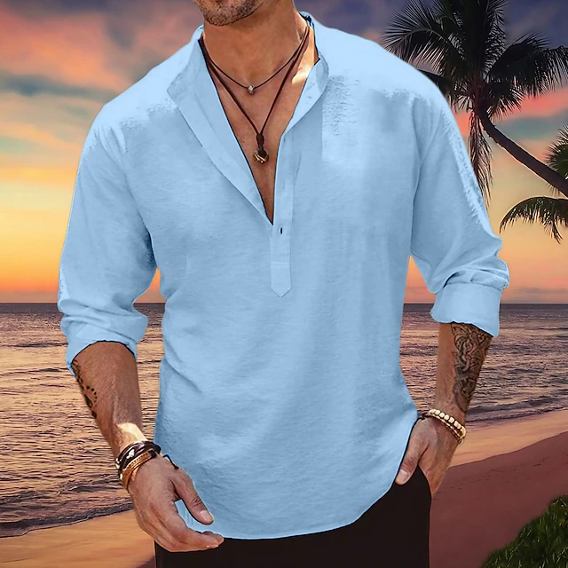 Men's Shirt Linen Shirt Popover Shirt Summer Shirt Beach Wear Band Collar Shirt Plain Vacation Curise Pink Blue Army Green Long Sleeve Henley Spring & Summer Clothing Apparel4