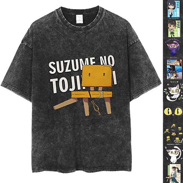  Suzume No Tojimari Chat Manches Ajustées T-shirt délavé à l'acide surdimensionné Imprime Art graphique Pour Couple Homme Femme Adulte Lavage à l'acide Casual Quotidien
