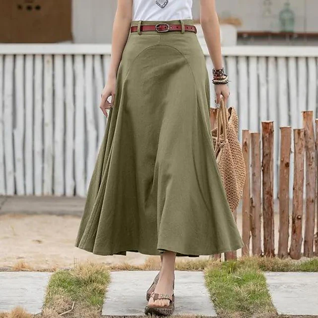 Women's Skirt Long Skirt Fashion Maxi Skirts Solid Colored Casual Daily Black khaki Army Green All Seasons Linen Cotton And Linen 7