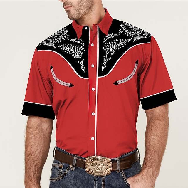 Men's Shirt Western Shirt Graphic Prints Leaves Turndown Red Blue ...