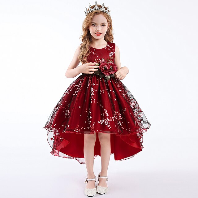  Kids Little Girls' Dress Floral Embroidered Party Wedding Performance Green Red Cotton Sleeveless Party Dresses 3-13 Years